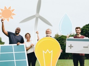 people holding symbols of renewable energy like solar panels, wind turbines and a lightbulb