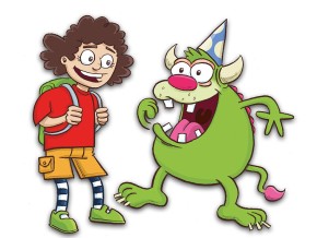 Cartoon child and Guzzler character