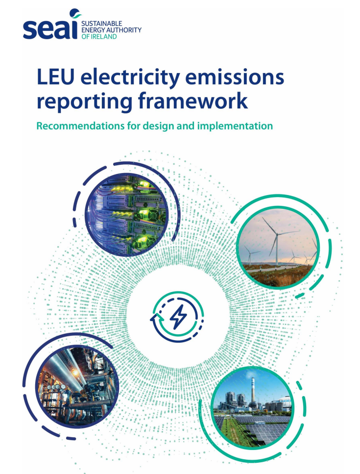 Th report cover of the LEU electricity emissions reporting framework featuring different kinds of renewable energy