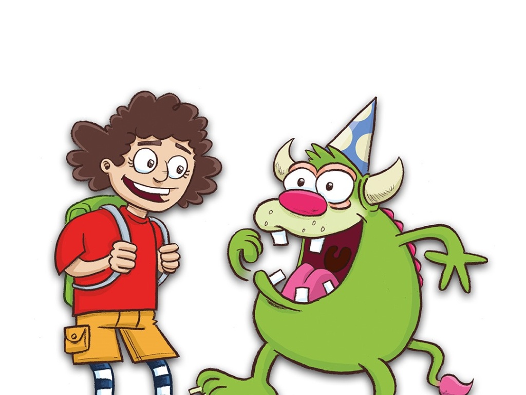 Cartoon child and Guzzler character